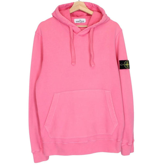 Stone Island pink hoodie jumper with iconic compass logo and soft cotton material.