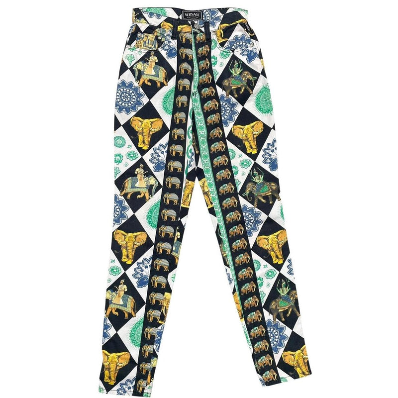 Vintage 90s Versace Jeans Couture Multicoloured Elephant Print High Waisted