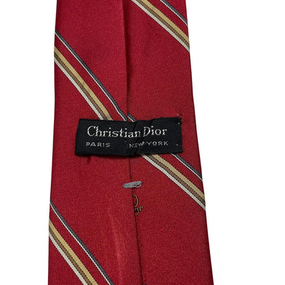 Christian Dior red striped polyester tie with vintage logo and sleek design.