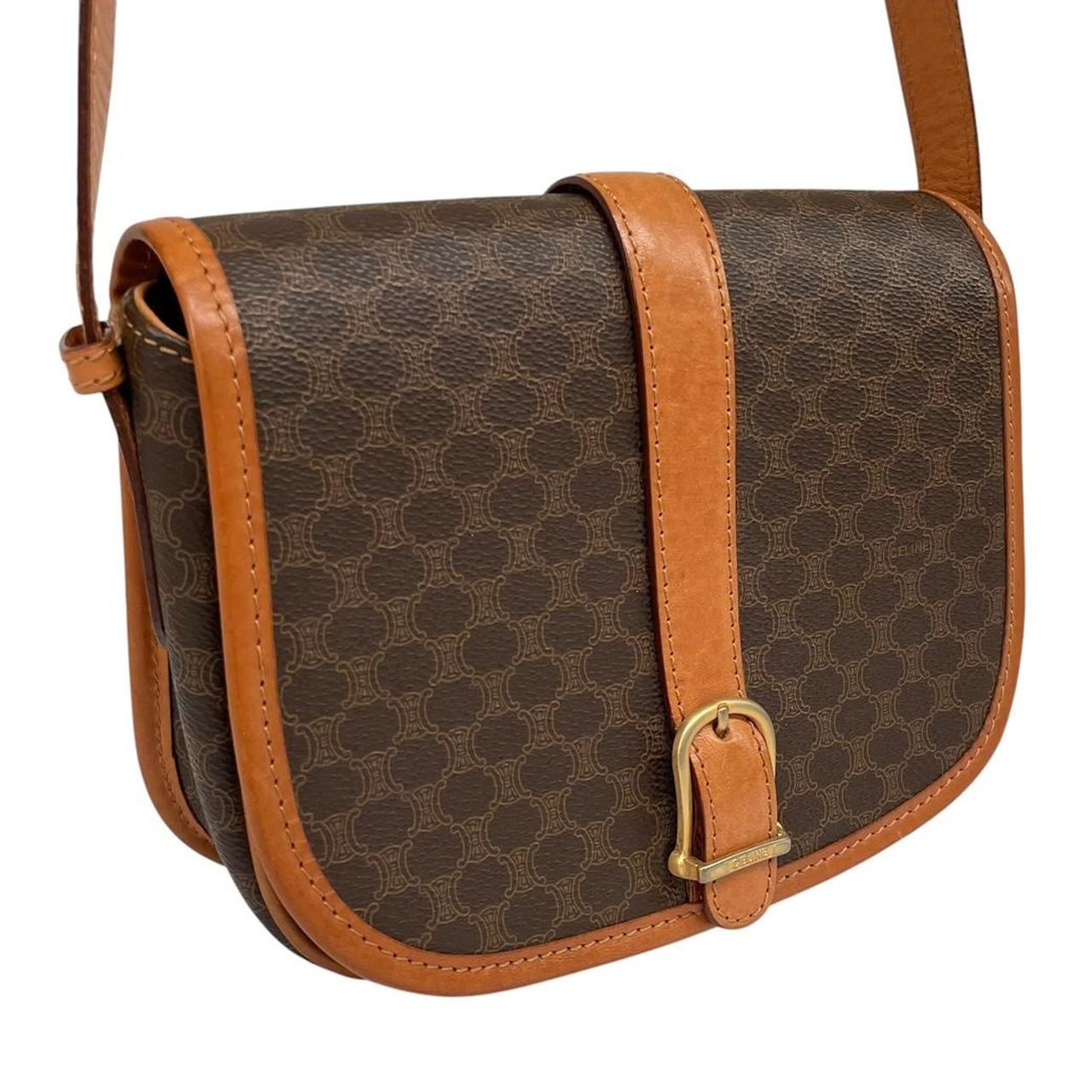 CELINE brown and tan duffel bag with Macadam pattern and leather/canvas material.
