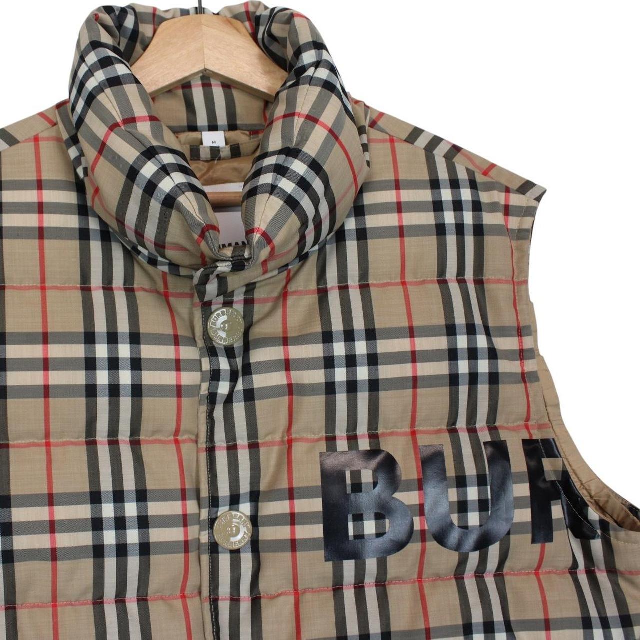 Burberry tan brown down gilet with Nova Check pattern and logo detail.