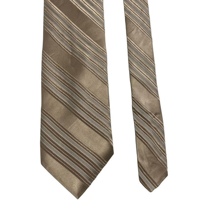 DKNY gold silk tie with vertical stripes and logo detail.