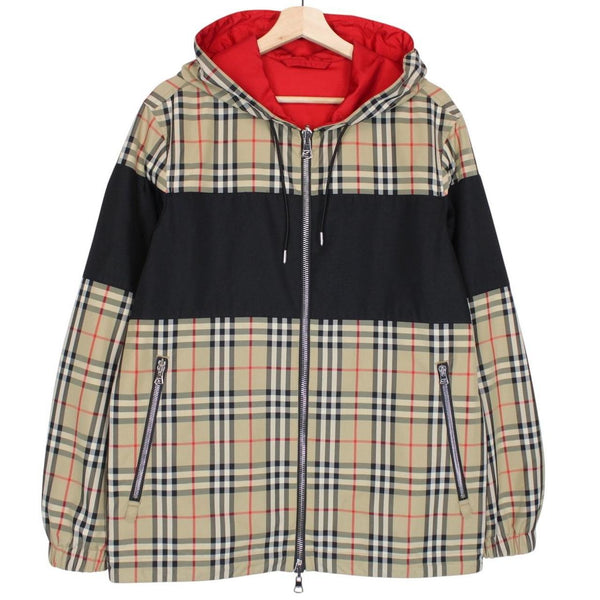 Burberry Shropshire Tan Brown and Red Full Zip Nova Check Reversible Hooded
