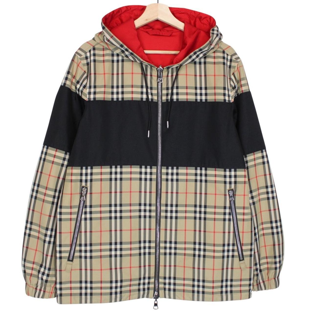 Burberry Shropshire Tan Brown and Red Full Zip Nova Check Reversible Hooded