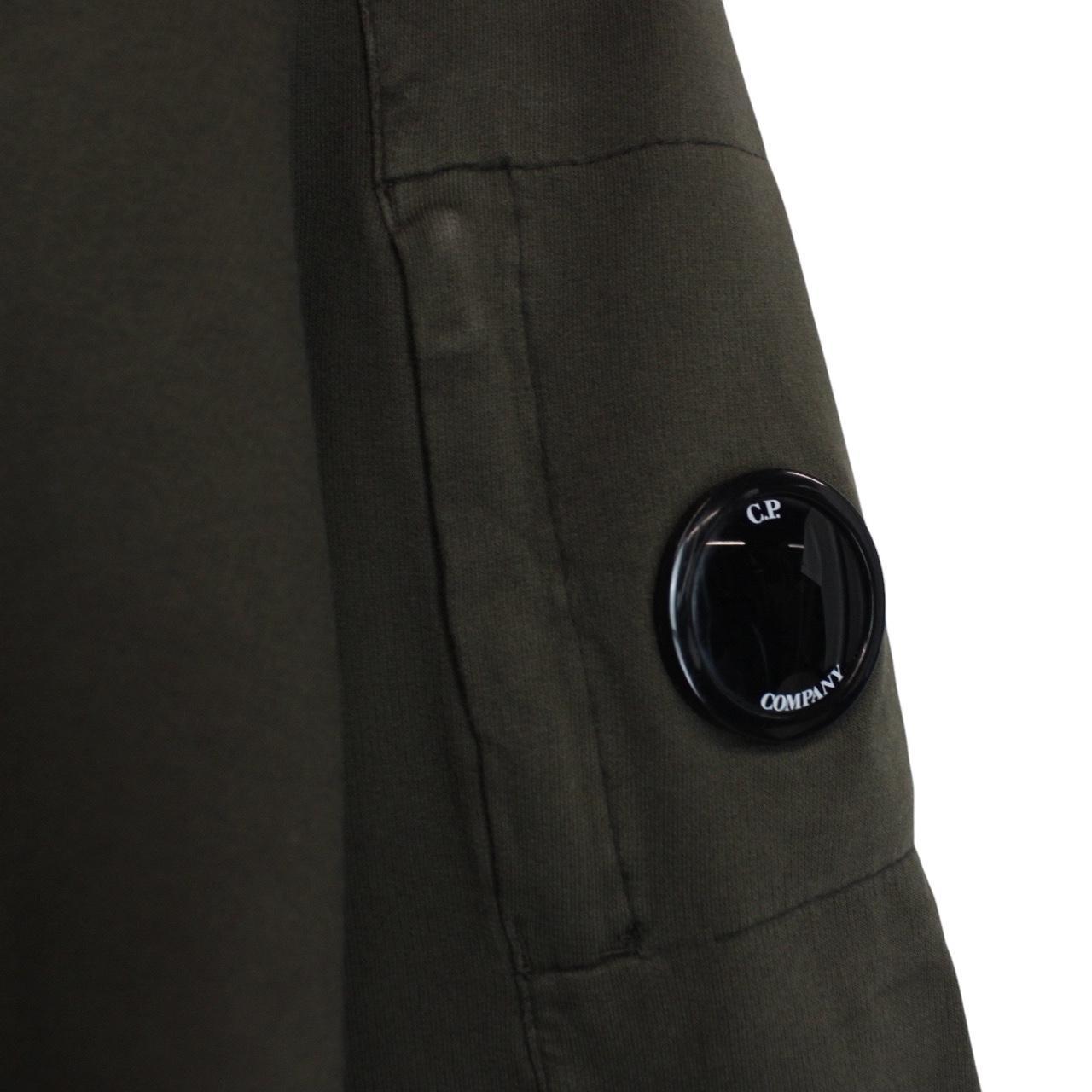 CP Company khaki green sweatshirt with goggle lens detail and cotton material.
