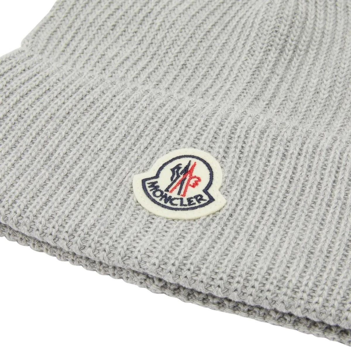 Moncler grey ribbed cotton beanie hat with logo patch and brand tags.