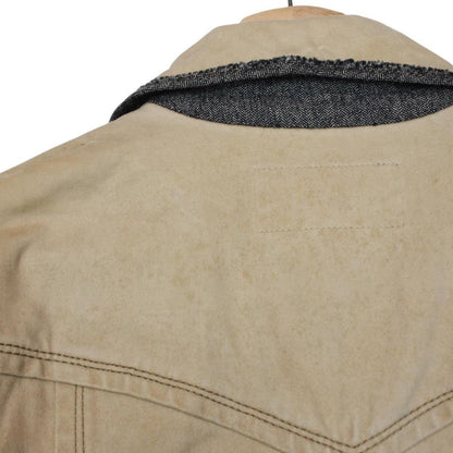 Burberry tan brown denim jacket with logo patch and visible stains, vintage style.