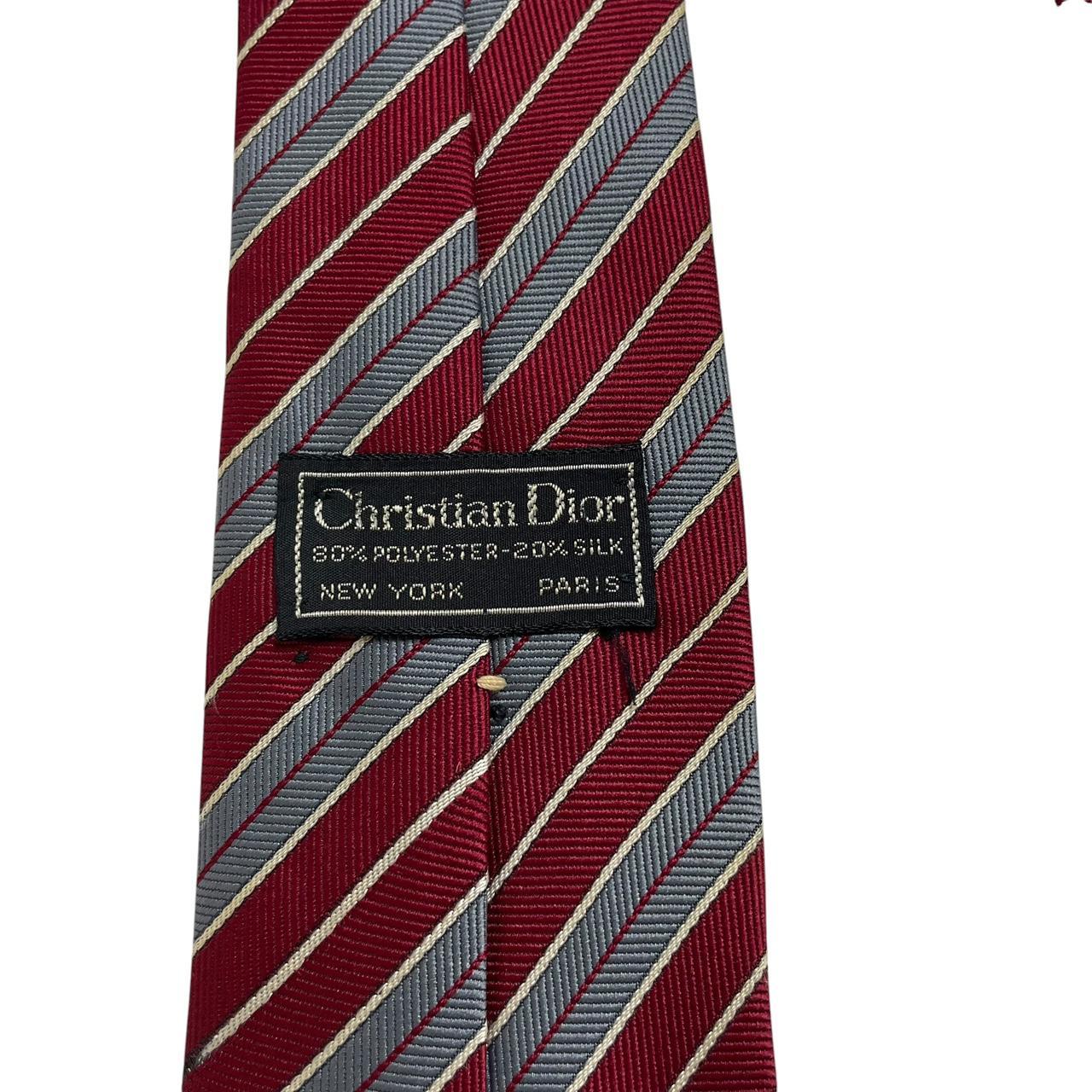 Christian Dior burgundy and grey striped tie in silk and polyester blend.