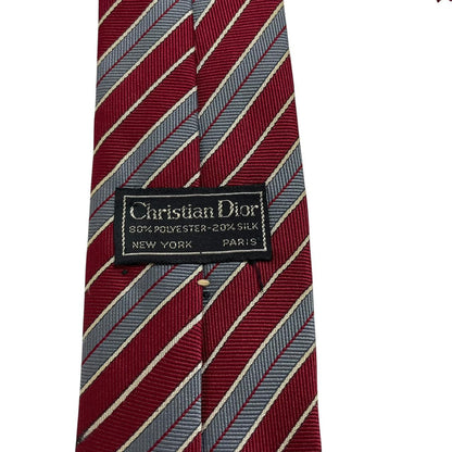 Christian Dior burgundy and grey striped tie in silk and polyester blend.