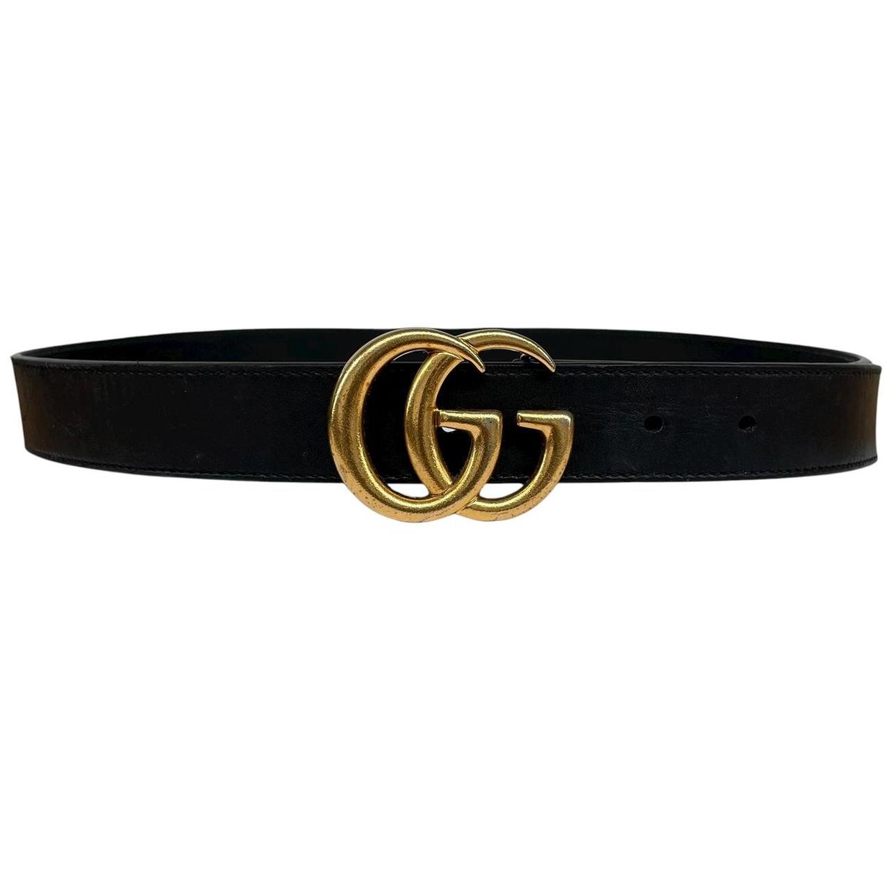 Gucci Black and Gold Marmont Leather Belt with GG Buckle