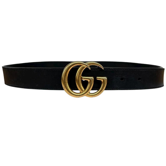 Gucci Black and Gold Marmont Leather Belt with GG Buckle