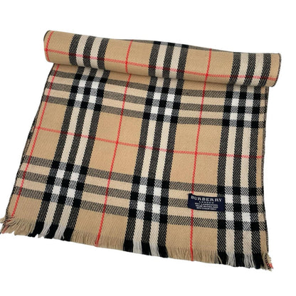 Burberry tan brown lambswool scarf featuring classic Nova Check pattern.