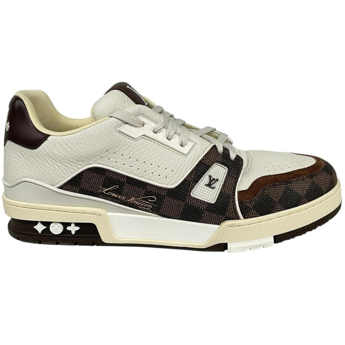Louis Vuitton trainers white and moka brown Damier Ebene leather with logo detail.