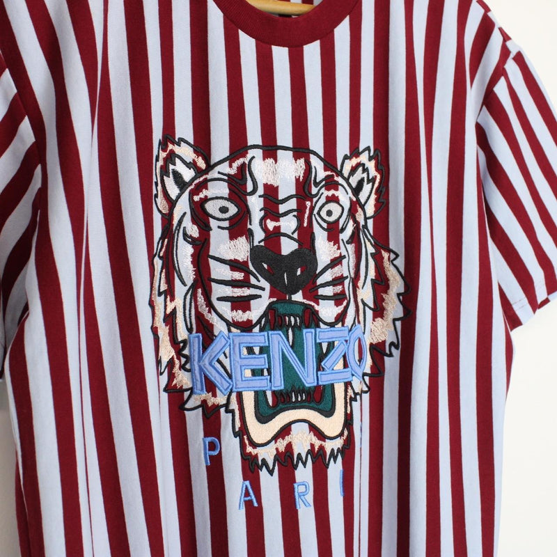 Kenzo Paris Burgundy and Blue Striped Tiger Short Sleeve T-Shirt