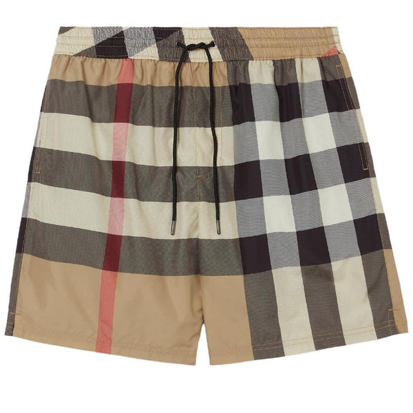 Burberry beige swim shorts featuring Nova Check pattern and nylon material.