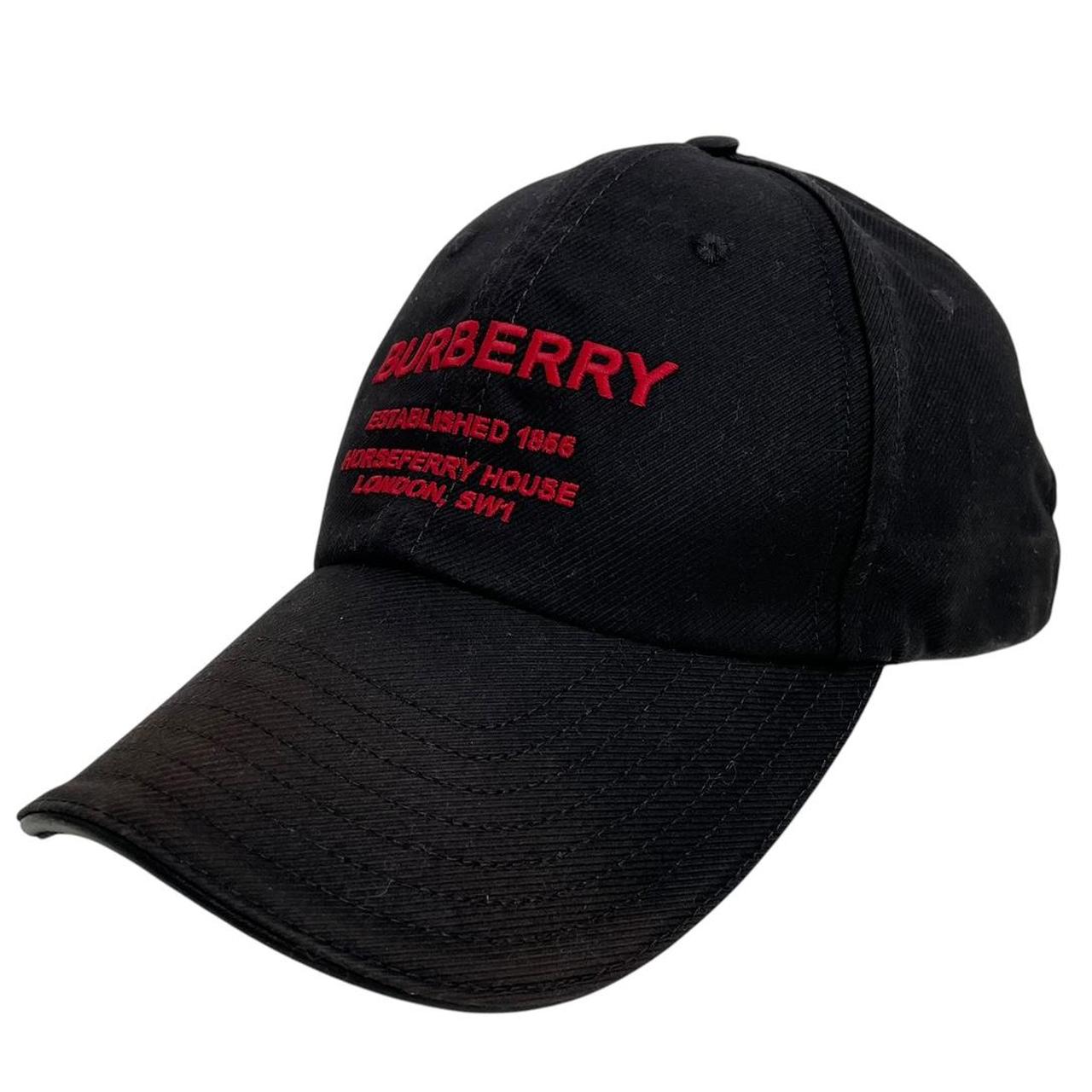 Burberry black baseball cap with red Horseferry logo embroidery and worn condition.