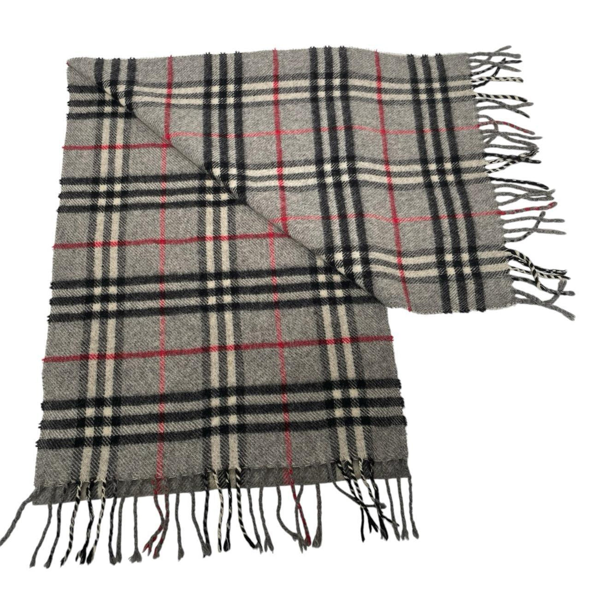 Burberry grey lambswool scarf featuring classic Nova Check pattern and logo.