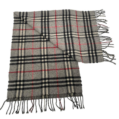 Burberry grey lambswool scarf featuring classic Nova Check pattern and logo.