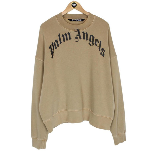 Palm Angels Tan Brown and Black Curved Logo Print Sweatshirt Jumper