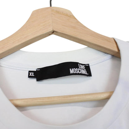 Moschino white pocket t-shirt with digital peace print and faint back stain.