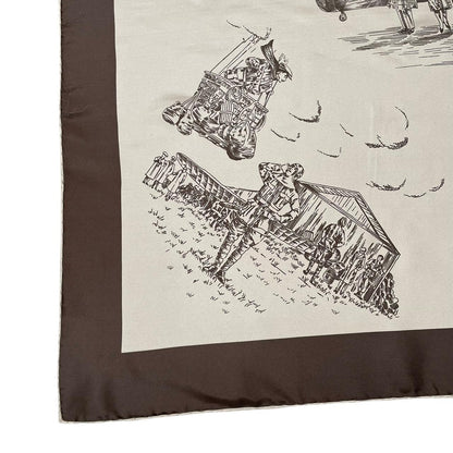 Vintage Burberry Beige and Brown Aviation Print Silk Scarf