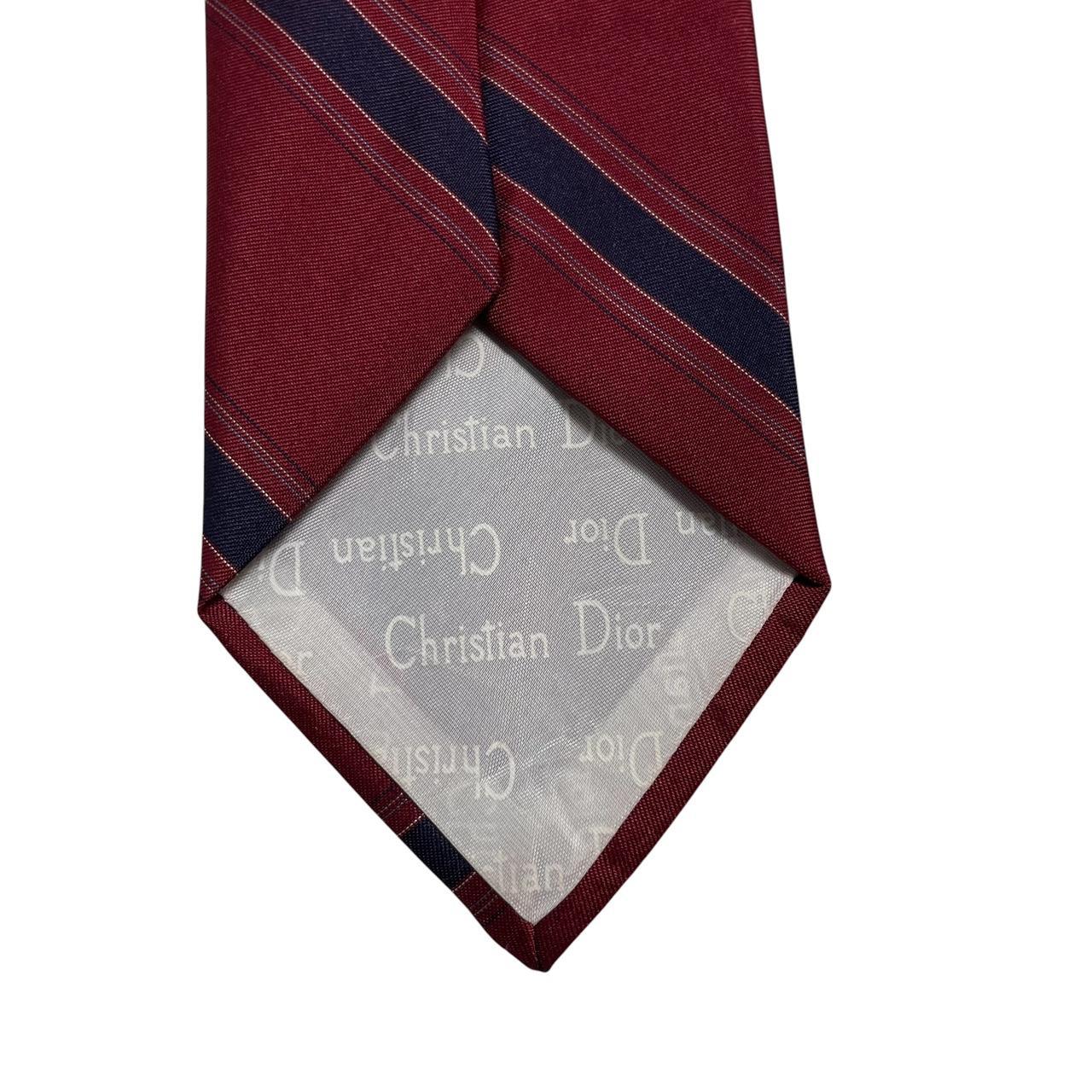 Christian Dior burgundy striped polyester tie with faint front mark and vintage style.