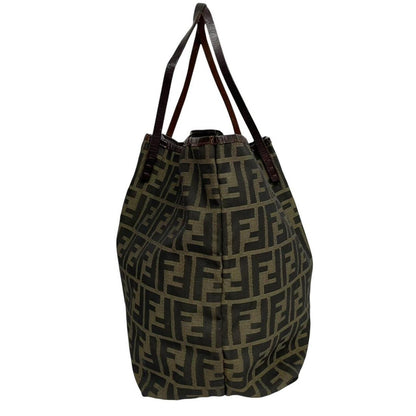 Fendi brown monogram canvas duffel bag with leather trim and logo detail.