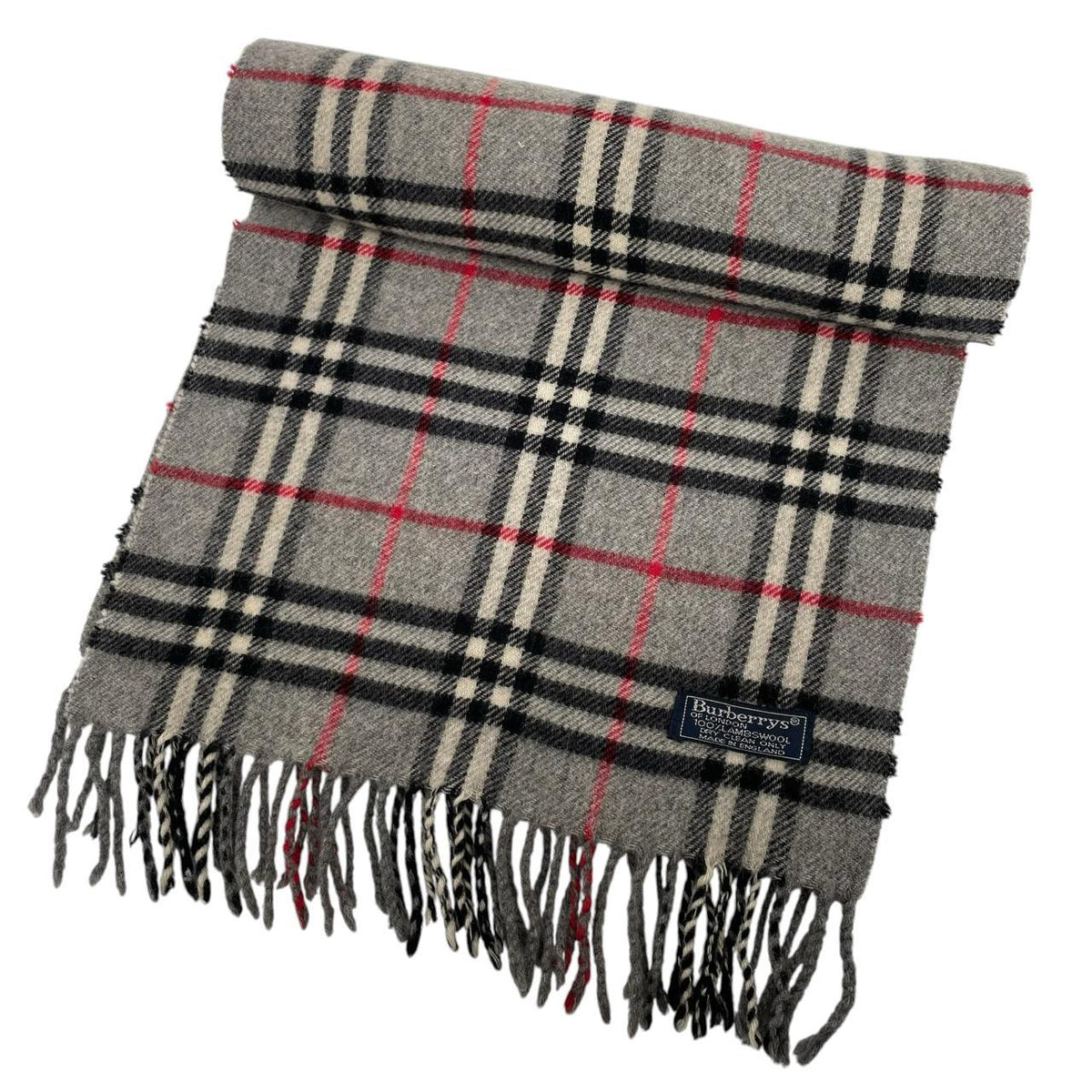 Burberry grey lambswool scarf featuring classic Nova Check pattern and logo.