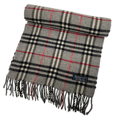 Burberry grey lambswool scarf featuring classic Nova Check pattern and logo.