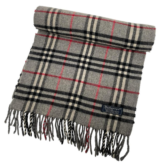 Burberry grey lambswool scarf featuring classic Nova Check pattern and logo.