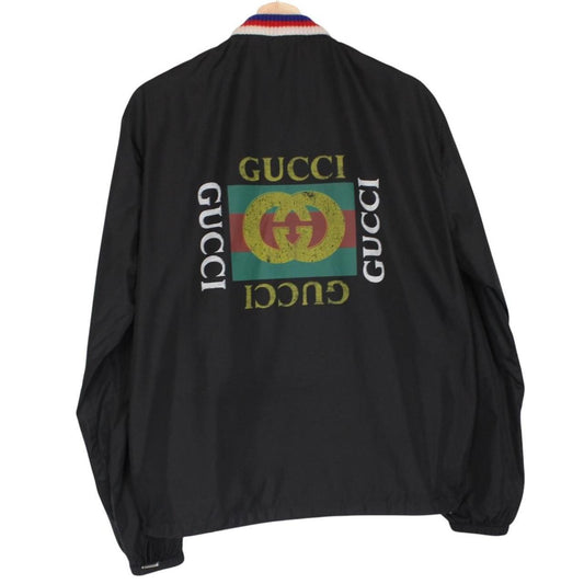 Gucci black windbreaker jacket with logo print and full zip, made of nylon.