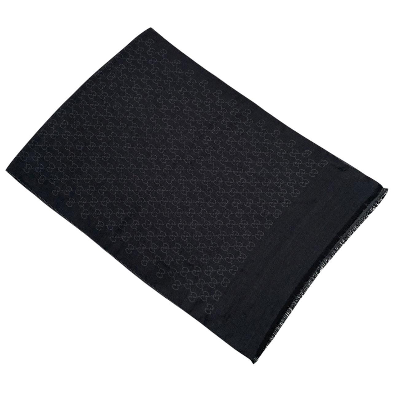 Gucci Black and Grey GG Monogram Frayed Wool Shawl Scarf