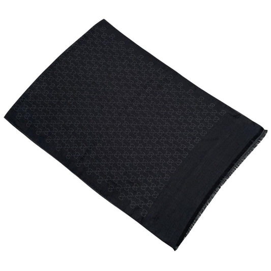 Gucci Black and Grey GG Monogram Frayed Wool Shawl Scarf