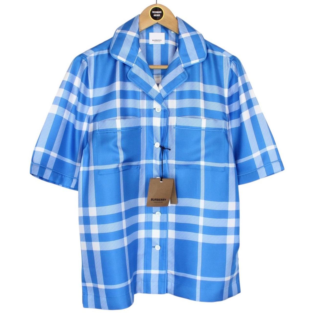 Burberry Blue and White Tierney Nova Check Short Sleeve Silk Shirt