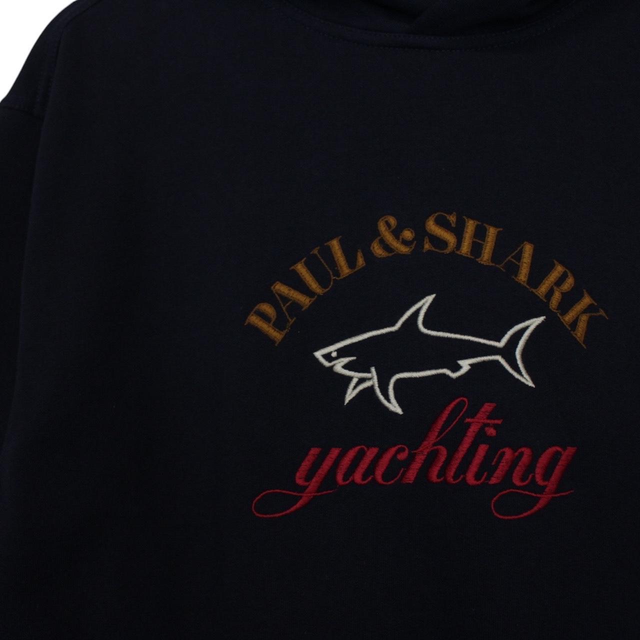 Paul & Shark navy blue hoodie with embroidered logo and cotton material.