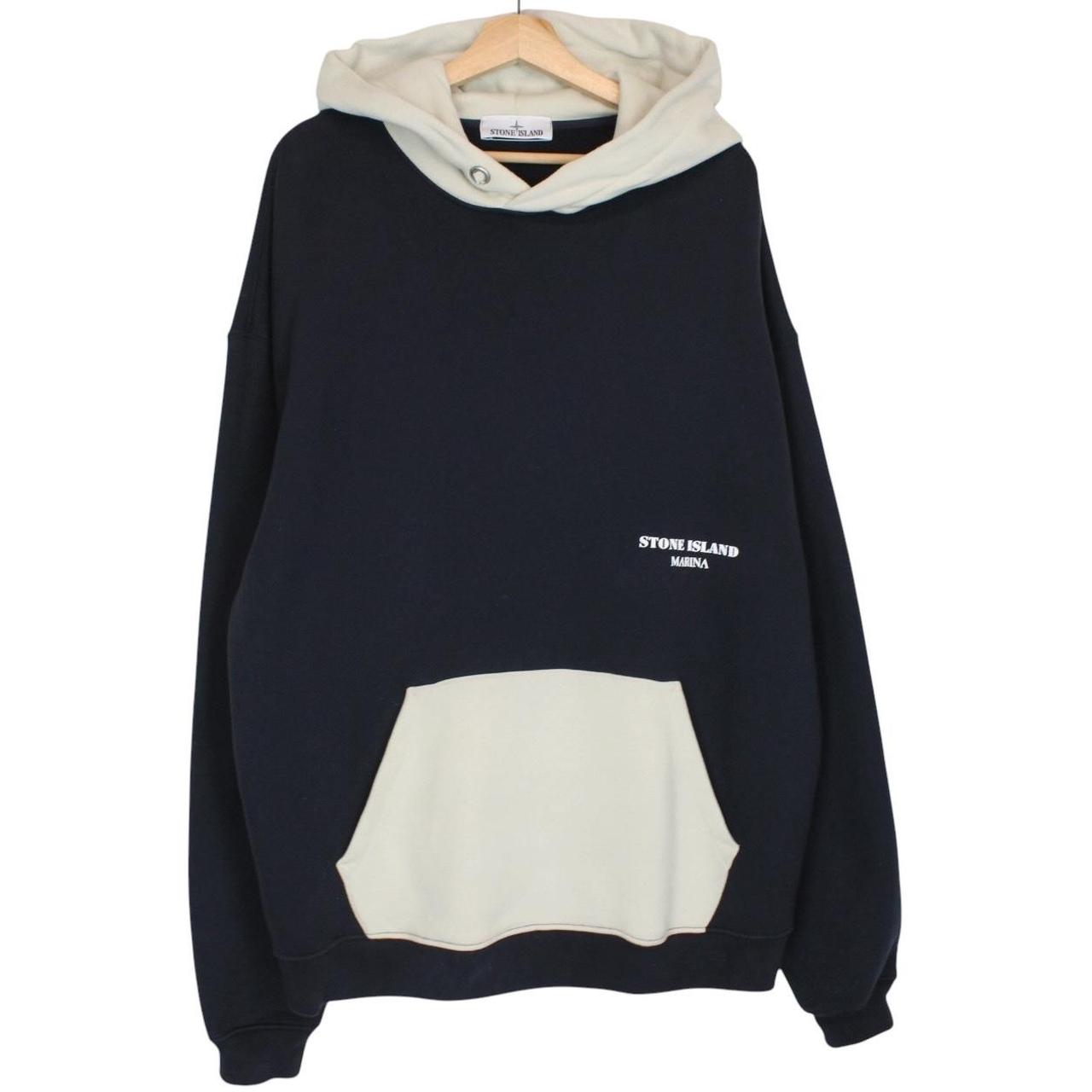Stone Island beige and navy blue cotton hoodie with logo patch and drawstring hood.