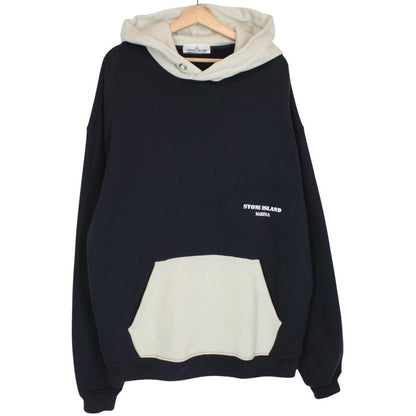 Stone Island beige and navy blue cotton hoodie with logo patch and drawstring hood.