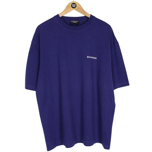Balenciaga Blue and White Back Logo Short Sleeve Cotton T-Shirt