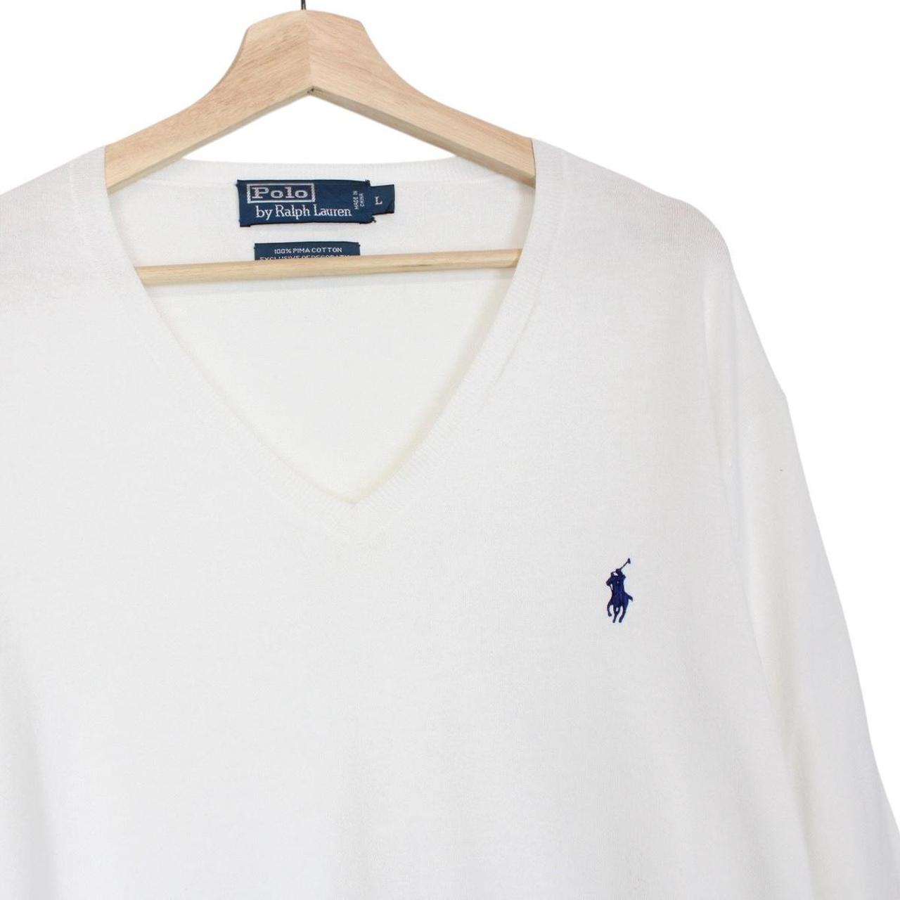Polo Ralph Lauren white knit v-neck jumper with embroidered logo and pima cotton material.