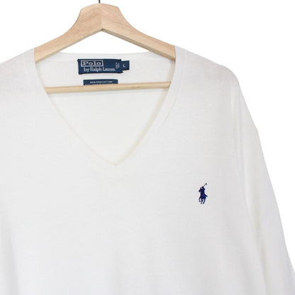 Polo Ralph Lauren white knit v-neck jumper with embroidered logo and pima cotton material.