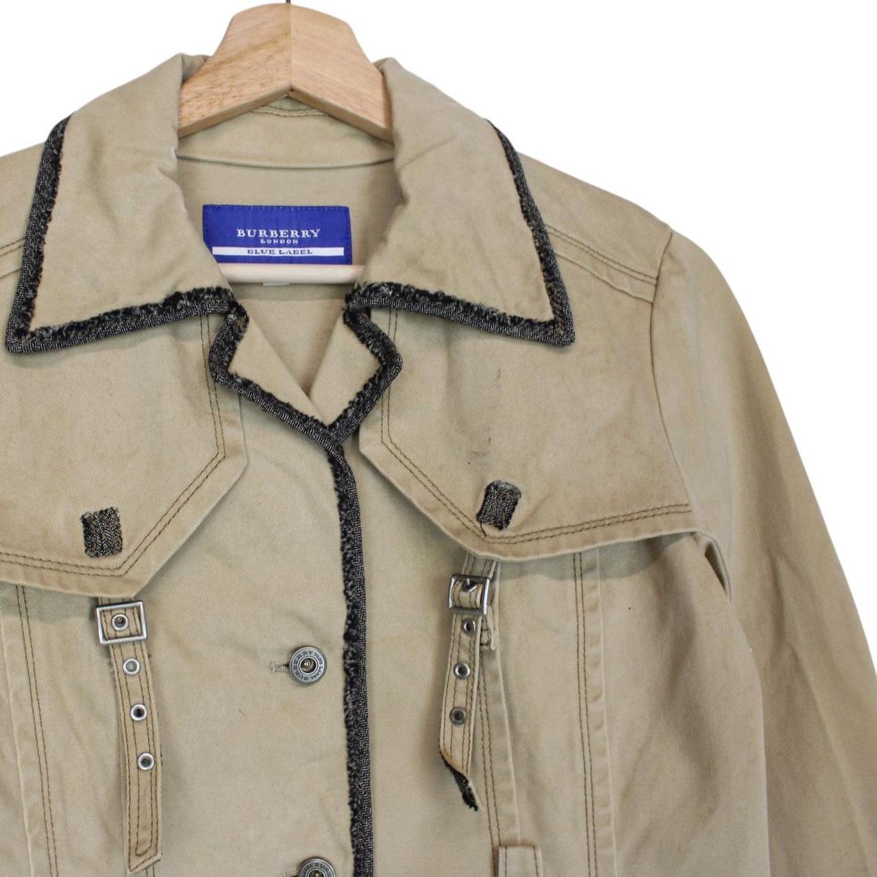 Burberry tan brown denim jacket with logo patch and visible stains, vintage style.