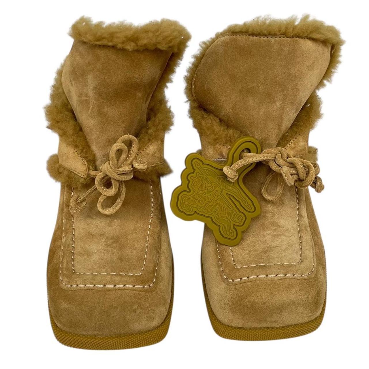 Burberry Tan Brown Highland Shearling Trim Suede Heeled Mules