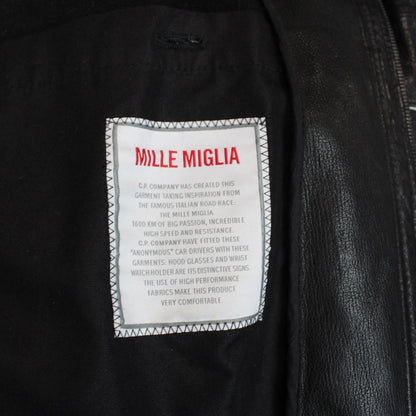 CP Company black leather jacket with multi pockets and logo detail.