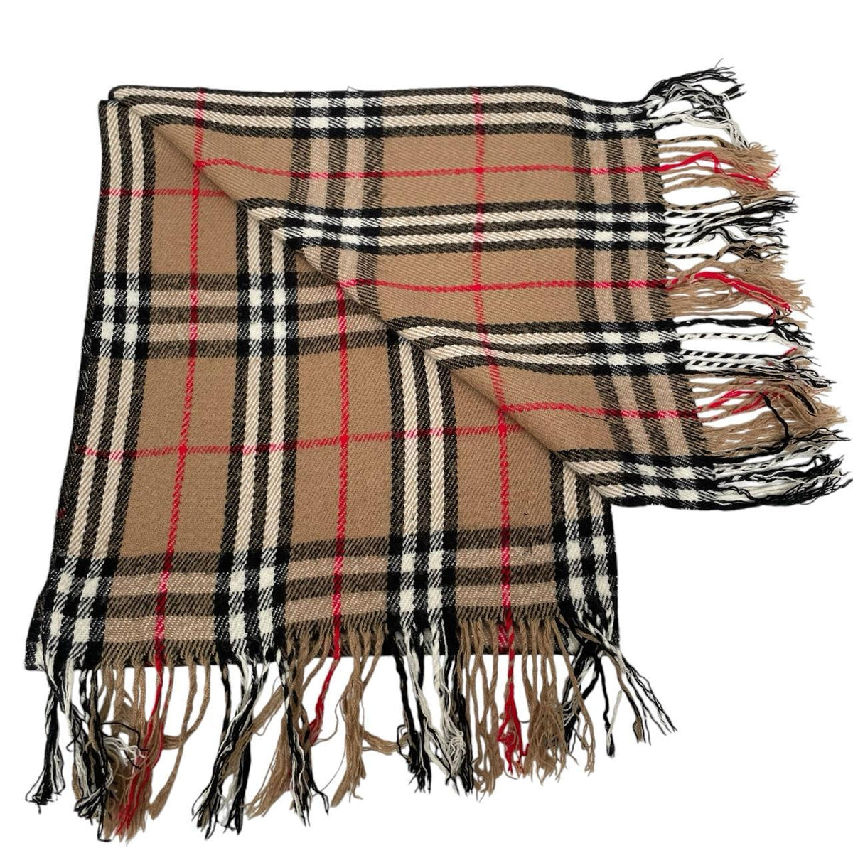 Burberry tan brown lambswool scarf with iconic Nova Check pattern.