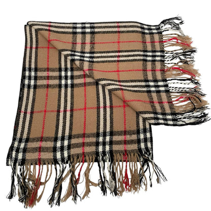 Burberry tan brown lambswool scarf with iconic Nova Check pattern.