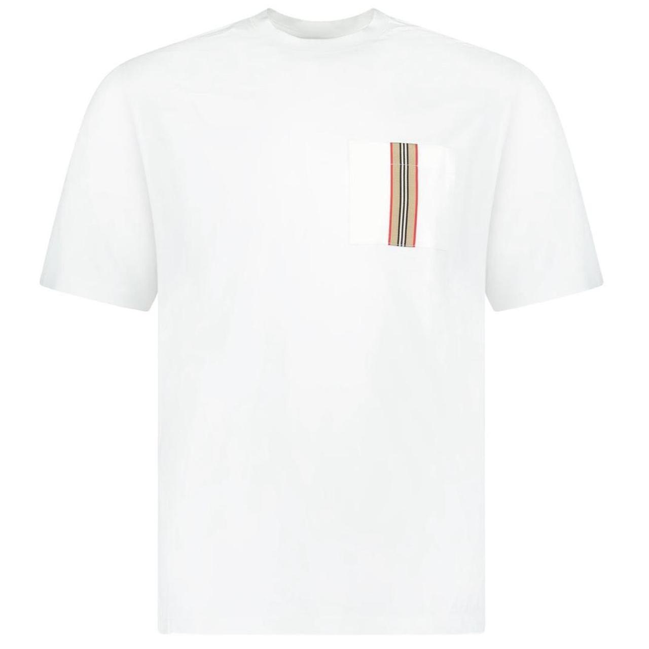 Burberry white pocket t-shirt with embroidered logo and striped detailing.