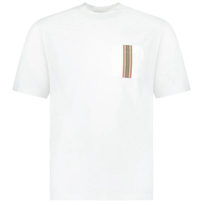Burberry white pocket t-shirt with embroidered logo and striped detailing.