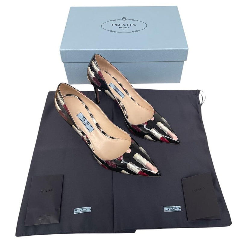 Prada Black and Multicoloured Lipstick Print Patent Leather High Heels