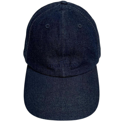 Stone Island blue denim baseball cap with diagonal twill texture and logo patch.