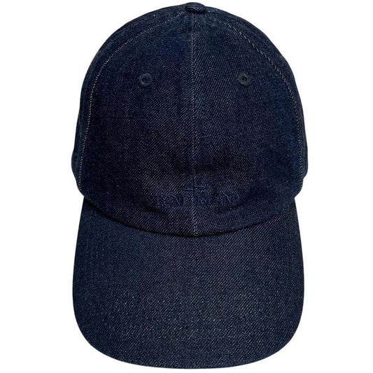 Stone Island blue denim baseball cap with diagonal twill texture and logo patch.